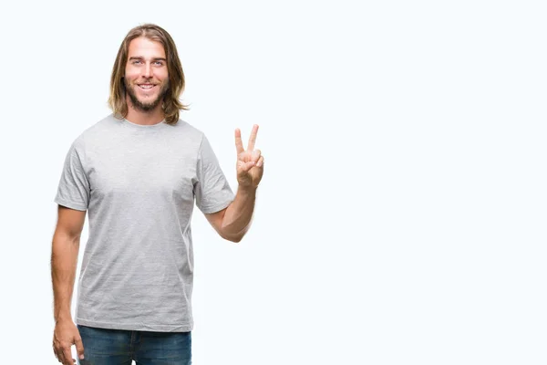 Young Handsome Man Long Hair Isolated Background Showing Pointing Fingers — Stock Photo, Image