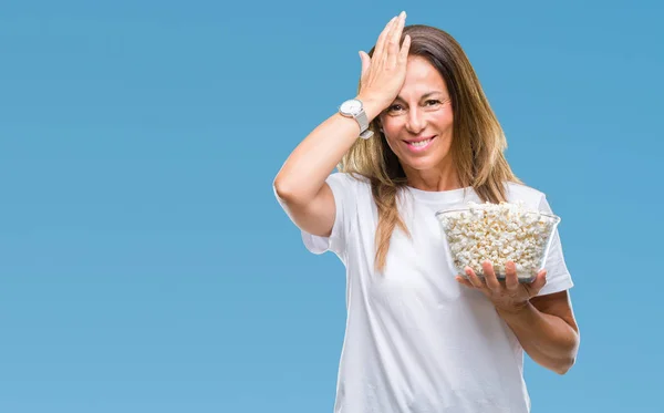 Middle Age Hispanic Woman Eating Popcorn Isolated Background Stressed Hand — Stock Photo, Image