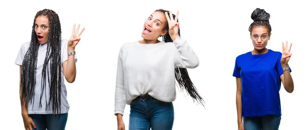 Колаж Красивого Плетеного Волосся Афроамериканської Жінки Над Ізольованим Тлом Показує — стокове фото