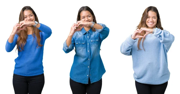 Colagem Bela Jovem Sobre Fundo Isolado Sorrindo Amor Mostrando Símbolo — Fotografia de Stock