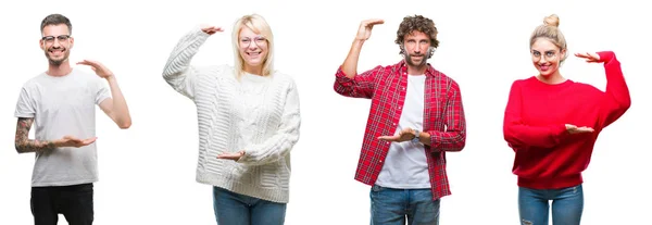 Collage Grupo Jóvenes Sobre Fondo Blanco Aislado Gesticulando Con Las — Foto de Stock