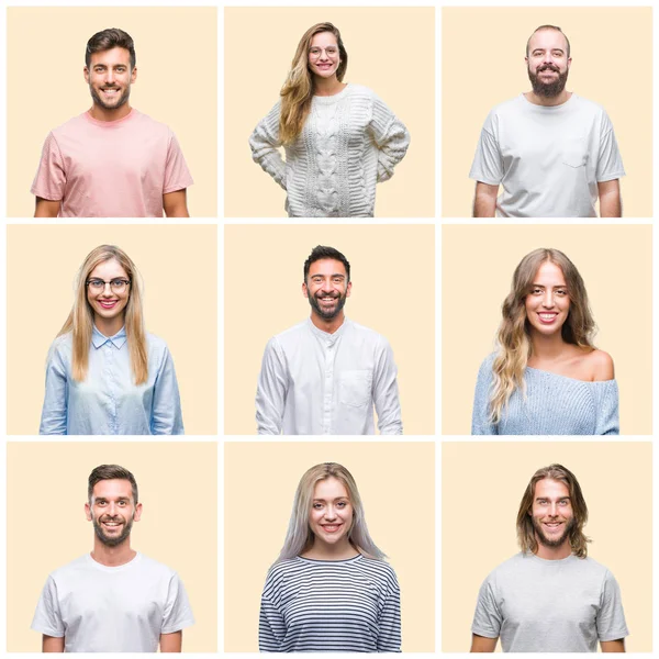 Collage Group People Women Men Colorful Yellow Isolated Background Happy — Stock Photo, Image