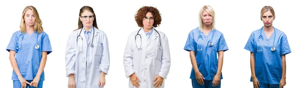 Colagem Grupo Mulheres Médicas Profissionais Sobre Fundo Isolado Branco Deprimido — Fotografia de Stock