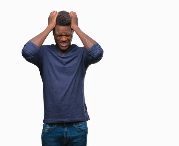 Jovem Afro Americano Sobre Fundo Isolado Sofrendo Dor Cabeça Desesperada — Fotografia de Stock