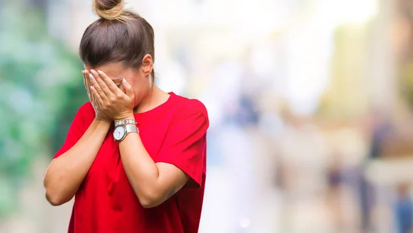 Young Beautiful Woman Isolated Background Sad Expression Covering Face Hands — Stock Photo, Image