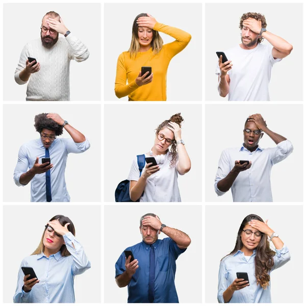 Коллаж Группы Людей Использующих Смартфон Изолированном Фоне Напряжен Рукой Голову — стоковое фото