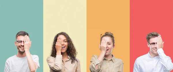 Collage Grupp Människor Isoleras Över Färgstarka Bakgrund Som Täcker Ena — Stockfoto
