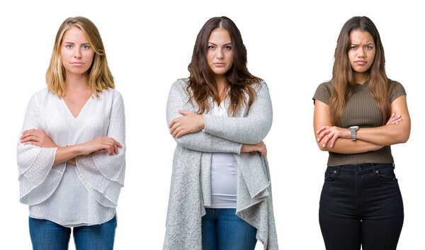 Collage of group of three young beautiful women over white isolated background skeptic and nervous, disapproving expression on face with crossed arms. Negative person.