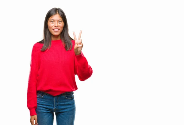 Jovem Ásia Mulher Vestindo Inverno Suéter Mais Isolado Fundo Mostrando — Fotografia de Stock