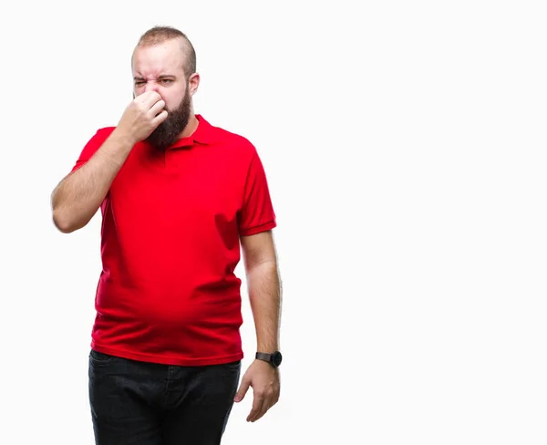 Mladý Bělošský Bokovky Muž Nosí Červené Triko Nad Izolované Pozadí — Stock fotografie