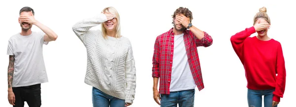 Collage Grupo Jóvenes Sobre Fondo Blanco Aislado Sonriendo Riendo Con —  Fotos de Stock
