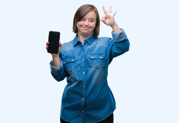 Young Adult Woman Syndrome Showing Smartphone Screen Isolated Background Doing — Stock Photo, Image