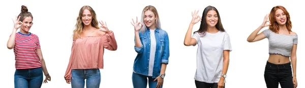 Collage Unga Vackra Grop Kvinnor Över Isolerade Bakgrund Leende Positiva — Stockfoto