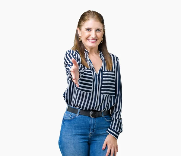 Middle Age Mature Business Woman Isolated Background Smiling Friendly Offering — Stock Photo, Image