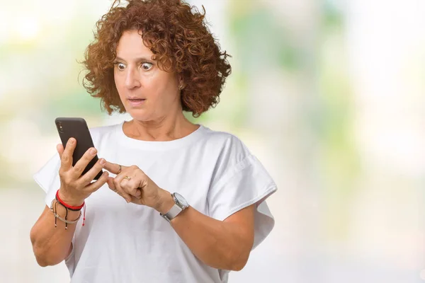 Middle Ager Senior Woman Using Texting Smartphone Isolated Background Scared — Stock Photo, Image