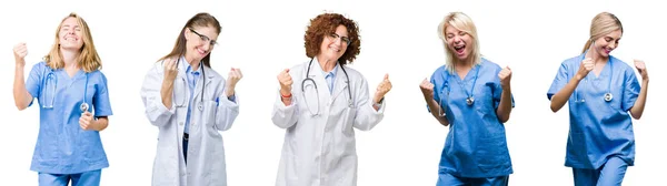 Kolaż Grupy Zawodowej Lekarza Kobiet Biały Białym Tle Bardzo Szczęśliwy — Zdjęcie stockowe