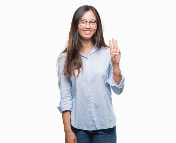 Jonge Aziatische Zakelijke Vrouw Dragen Bril Geïsoleerde Achtergrond Weergeven Met — Stockfoto