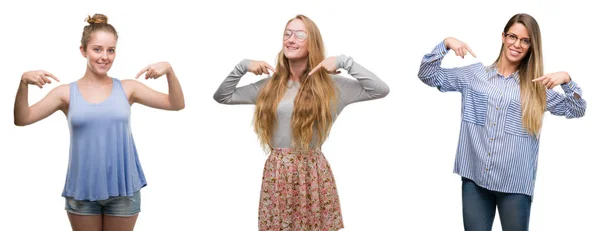 Collage Gruppen Blonda Kvinnor Över Isolerade Bakgrund Söker Trygg Med — Stockfoto