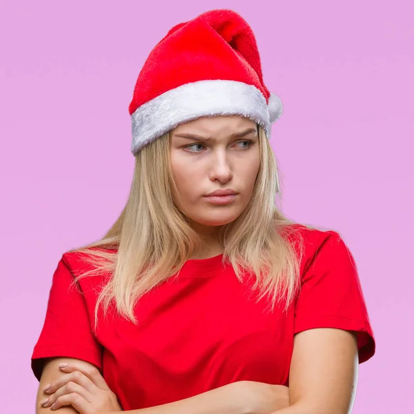 Jeune Femme Caucasienne Portant Chapeau Noël Sur Fond Isolé Sceptique — Photo