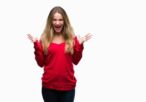 Junge Schöne Blonde Frau Rotem Pullover Über Isoliertem Hintergrund Feiert — Stockfoto