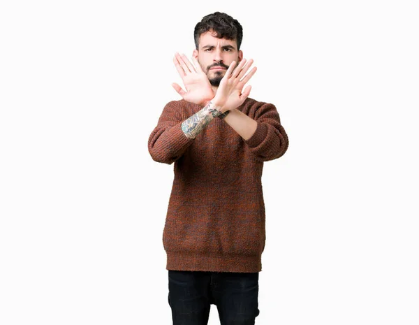 Young Handsome Man Wearing Winter Sweater Isolated Background Rejection Expression — Stock Photo, Image