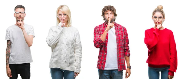 Collage Grupo Jóvenes Sobre Fondo Blanco Aislado Pidiendo Estar Silencio — Foto de Stock