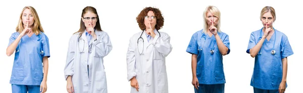 Collage Grupp Professionella Läkare Kvinnor Över Vit Isolerade Bakgrund Ber — Stockfoto