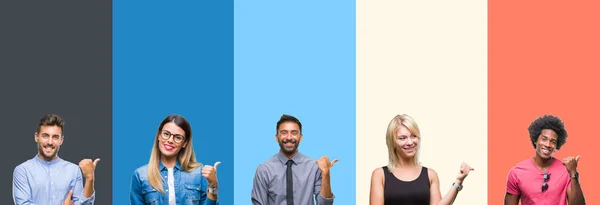 Collage Grupo Jóvenes Sobre Colorido Vintage Aislado Fondo Sonriendo Con —  Fotos de Stock