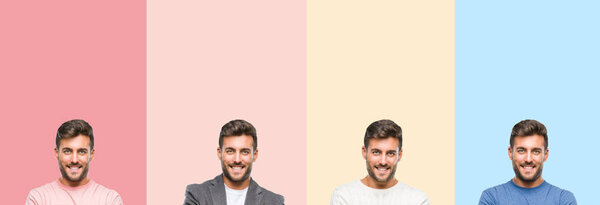 Collage of handsome young man over colorful stripes isolated background happy face smiling with crossed arms looking at the camera. Positive person.