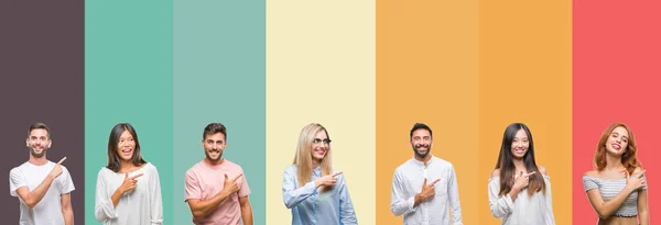 Collage Different Ethnics Young People Colorful Stripes Isolated Background Cheerful — Stock Photo, Image
