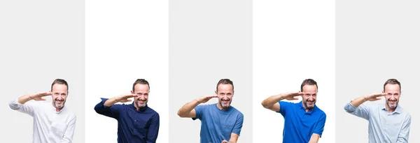 Collage Middle Age Senior Hoary Man Isolated Background Gesturing Hands — Foto Stock