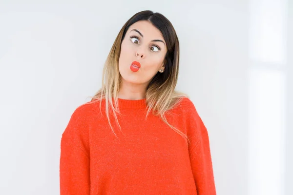 Young Woman Wearing Casual Red Sweater Isolated Background Making Fish — Stock Photo, Image