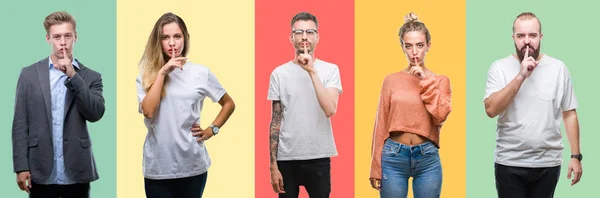 Colagem Pessoas Grupo Mulheres Homens Sobre Fundo Isolado Colorido Pedindo — Fotografia de Stock