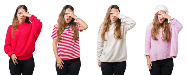 Colagem Bela Jovem Sobre Fundo Isolado Espreitando Choque Cobrindo Rosto — Fotografia de Stock