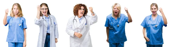 Колаж Групи Професійних Жінок Лікарів Над Білим Ізольованим Тлом Злий — стокове фото