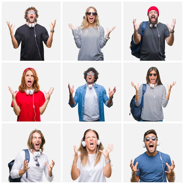 Collage Gruppo Persone Che Indossano Zaino Cuffie Sfondo Isolato Pazzo — Foto Stock