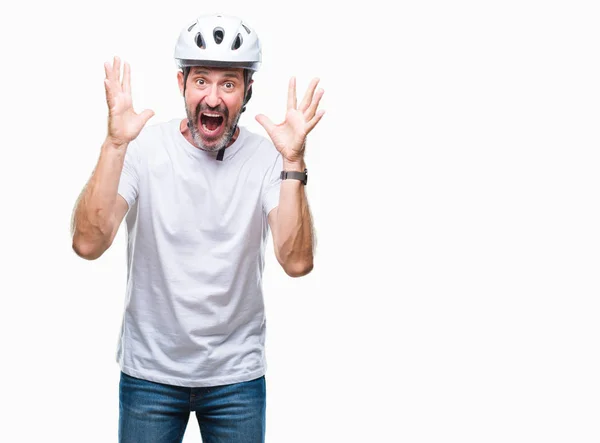 Старший Чоловік Середнього Віку Який Носить Велосипедну Безпеку Ізольований Фон — стокове фото