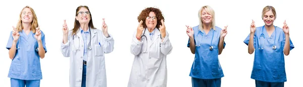在白色孤立背景微笑交叉手指的小组专业医生妇女拼贴与希望和眼睛闭合 运气和迷信的概念 — 图库照片