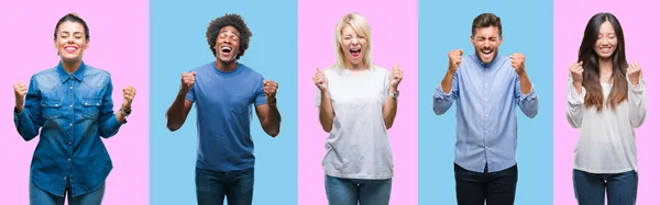Collage Group Young Casual People Colorful Isolated Background Excited Success — Stock Photo, Image