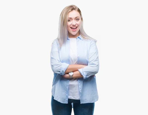 Young Blonde Woman Isolated Background Happy Face Smiling Crossed Arms — Stock Photo, Image