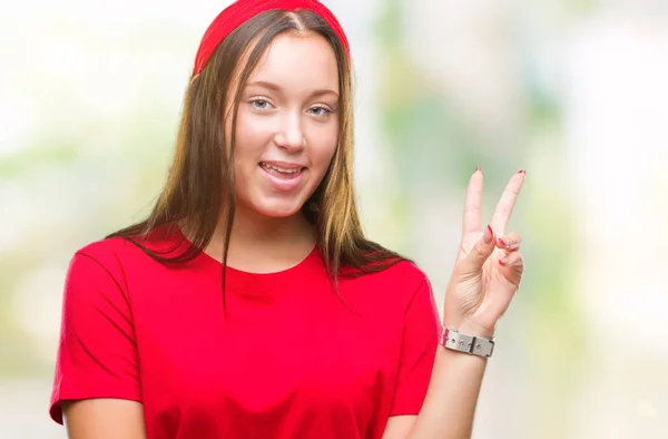 Mulher Bonita Caucasiana Jovem Sobre Fundo Isolado Sorrindo Com Rosto — Fotografia de Stock