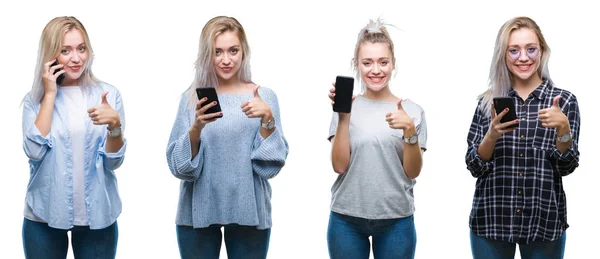 Collage Von Schönen Blonden Jungen Frau Mit Smartphone Über Isolierten — Stockfoto