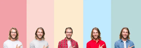 Collage Jeune Homme Beau Sur Des Rayures Colorées Fond Isolé — Photo