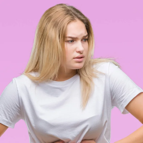 Mujer Caucásica Joven Sobre Fondo Aislado Con Mano Estómago Porque — Foto de Stock