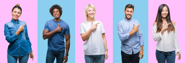 Collage Grupo Jóvenes Ocasionales Sobre Colorido Fondo Aislado Alegre Con — Foto de Stock