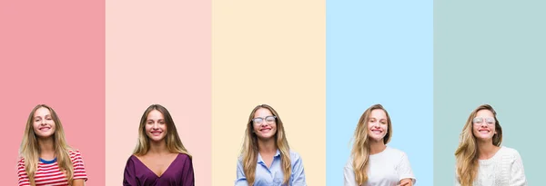 Collage Von Schönen Jungen Frau Über Bunten Streifen Isoliert Hintergrund — Stockfoto