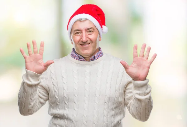 Hombre Mayor Guapo Con Sombrero Navidad Sobre Fondo Aislado Mostrando — Foto de Stock