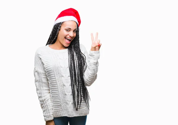 Joven Chica Afroamericana Trenzada Con Sombrero Navidad Sobre Fondo Aislado —  Fotos de Stock