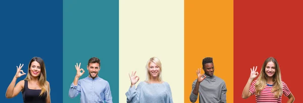 Collage Van Groep Jongeren Kleurrijke Vintage Geïsoleerde Achtergrond Glimlachend Positieve — Stockfoto