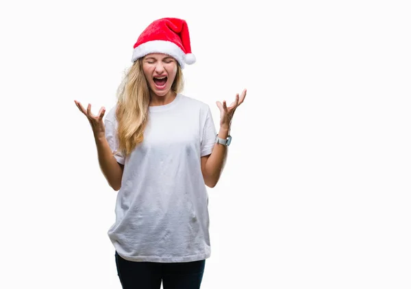 Üzerinde Noel Şapka Giyen Genç Güzel Sarışın Kadın Deli Çılgın — Stok fotoğraf